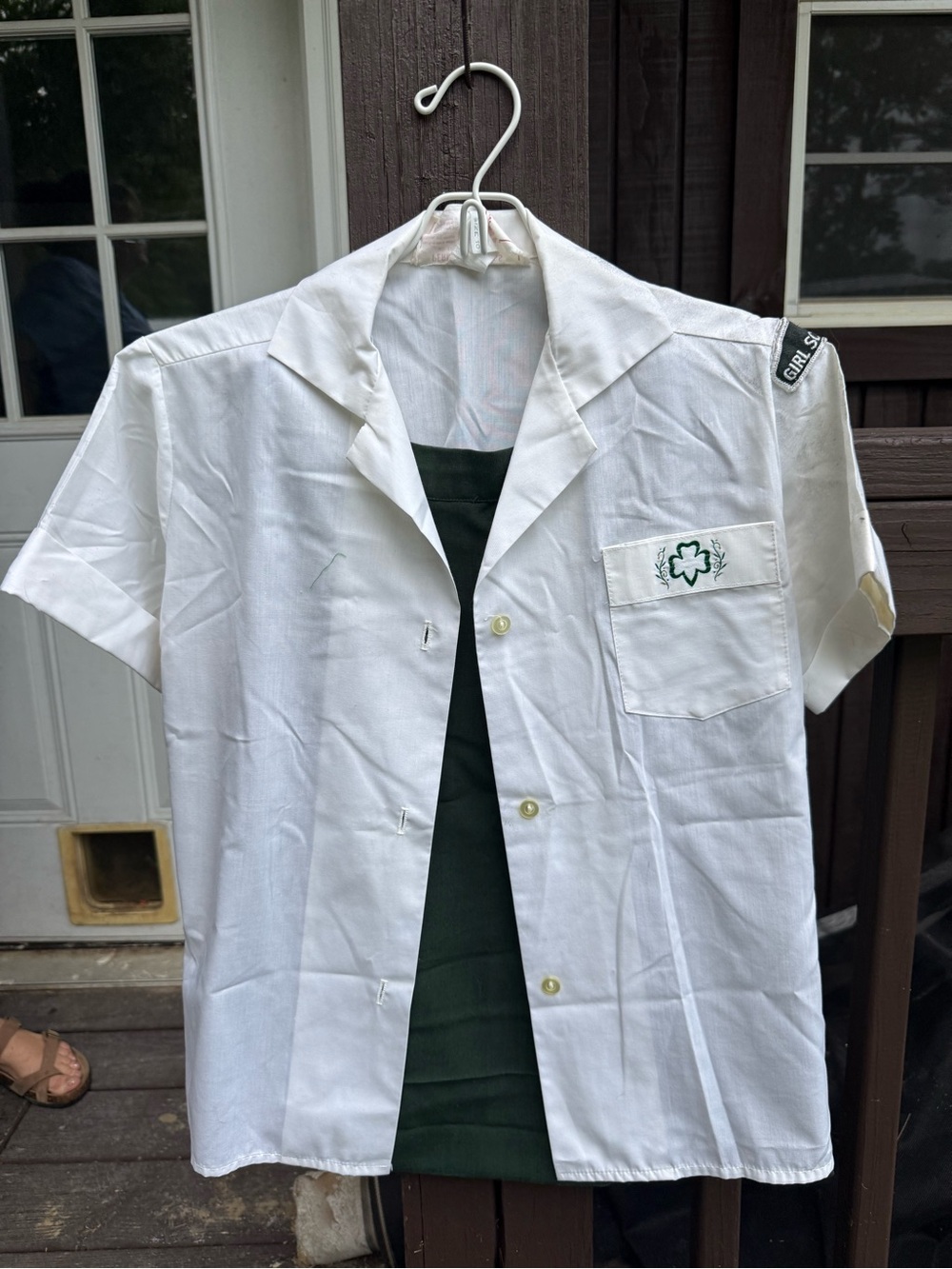 Vintage Girl Scout White Troop Shirt with Green Clover Patch and skirt